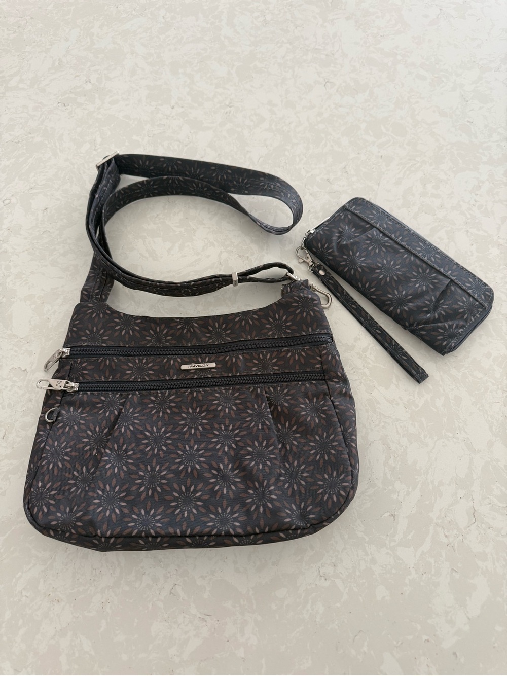 Travelon Anti-theft RFID Crossbody Shoulder Bag w/Wristlet Wallet - Black Floral
